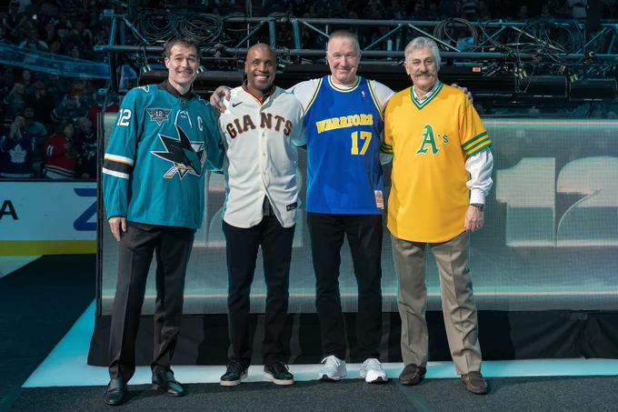 Patrick Marleau poses with Barry Bonds of the Giants, Chris Mullin of the Warriors and Rollie Fingers of the A's. 