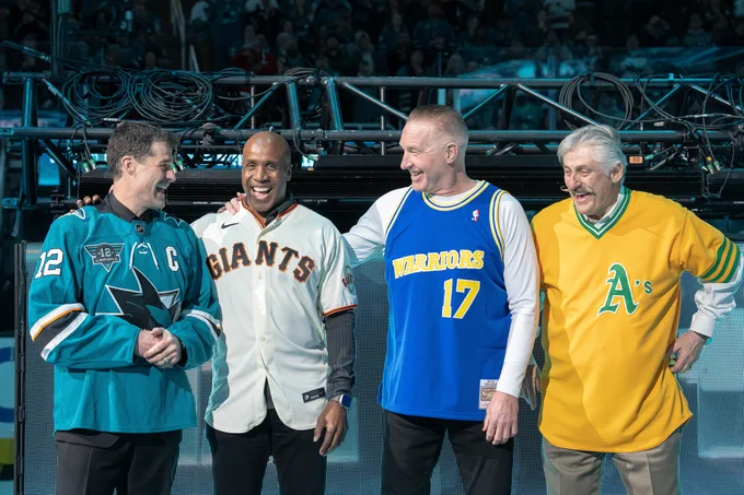 Patrick Marleau laughs with Barry Bonds of the Giants, Chris Mullin of the Warriors and Rollie Fingers of the A's. 