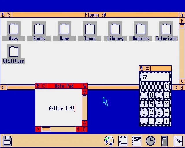 Arthur desktop in garish blue, red and orange showing some apps and the Welcome Disc files