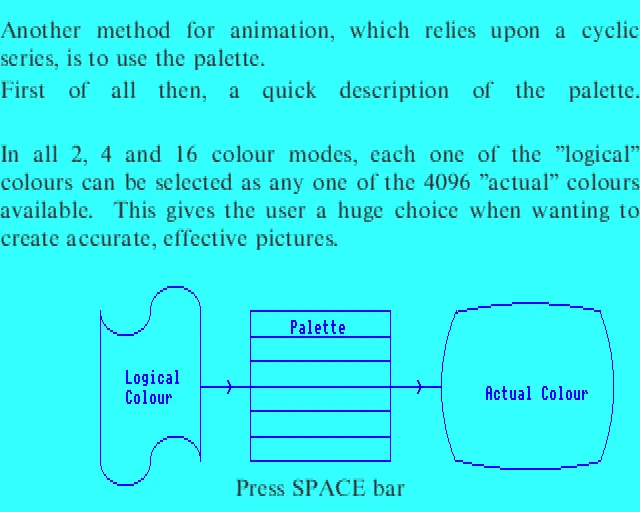 Screenshot of a demo from the Arthur Welcome disc explaining how logical and actual colours work with a palette