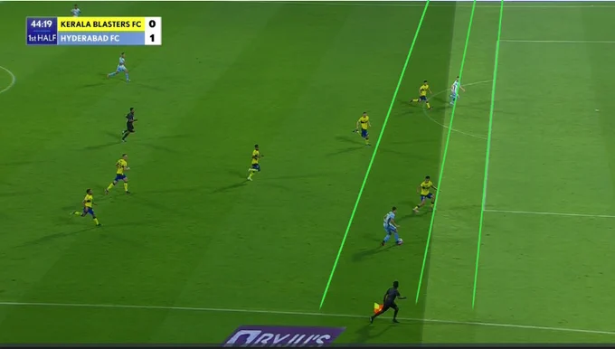 Offside line drawn in green considering perspective of camera in place