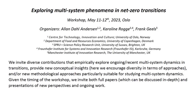 Screenshot of part of the call for papers for the Oslo workshop on multi-system dynamics in sustainability transitions to net zero.