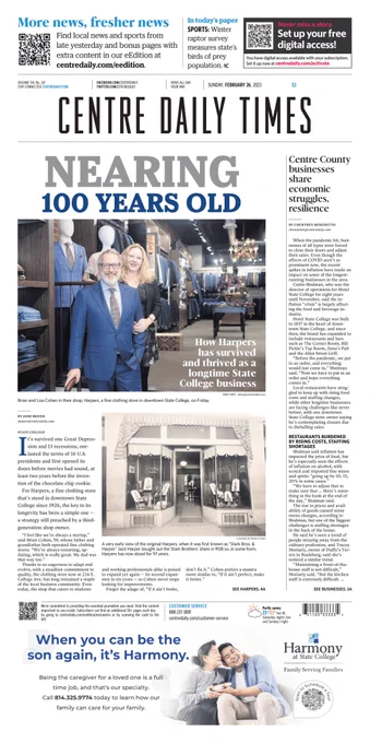 The front page of the Feb. 26, 2023 edition of the Centre Daily Times.