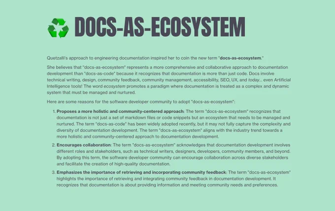 Screenshot of book website section that details the proposal for the new term: docs-as-ecosystem. The background color of the website is seafoam with slate gray text. The header title has a recycle emoji.