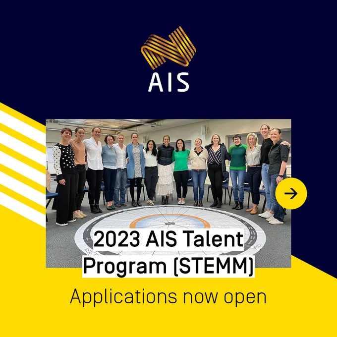 Women standing in a line with words that read 2023 AIS Talent Program (STEMM) Applications now open 