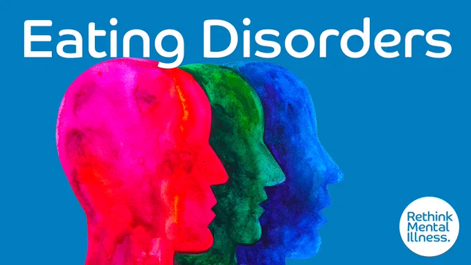A blue background with graphics of brightly coloured painted faces over the top. One face is red, the next layered underneath the red face is green and the other is blue.

Title reads: Eating Disorders
