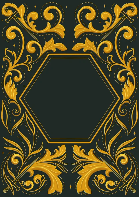 A gold coloured cover illustration with a hexagonal frame in the middle and symmetrical ornate floral pattern around it with a dagger in each corner