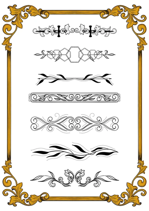 A black and gold page border with 7 black and white illustrated page dividers in the middle