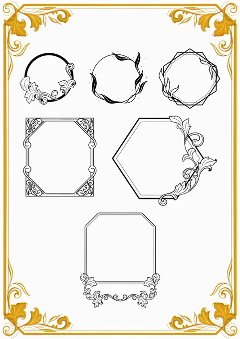 A gold page border with 3 round token borders and 3 mini frames in the middle of the page
