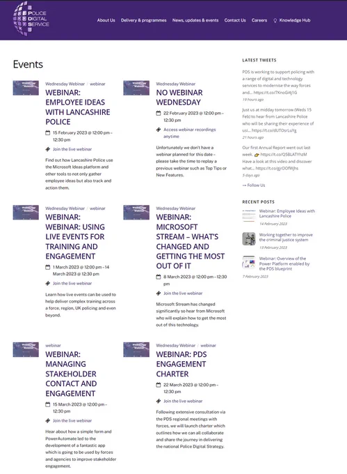 Screenshot from the PDS website showing up coming events.