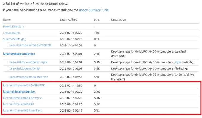 A screenshot from the Xubuntu Daily Builds page. A red box surrounds the lunar-minimal-amd64 files.