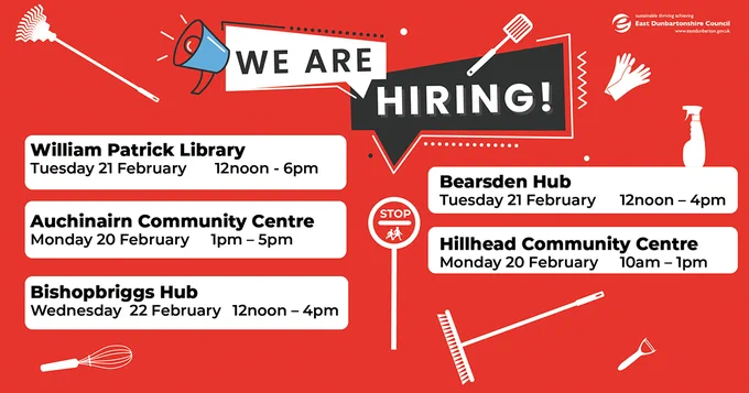 William Patrick Library Tuesday 21st February between 12noon � 6pm   Auchinairn Community Centre Monday 20th February between 1pm � 5pm  Bishopbriggs Hub Wednesday 22nd February between 12noon � 4pm  Bearsden Hub Tuesday 21st February between 12noon � 4pm  Hillhead Community Centre Monday 20th February between 10am � 1pm