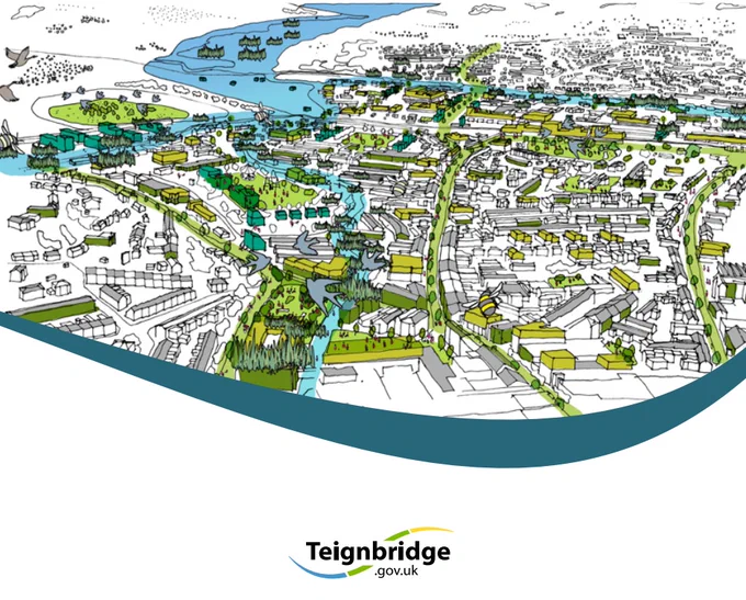 Graphic of a town with Teignbridge logo