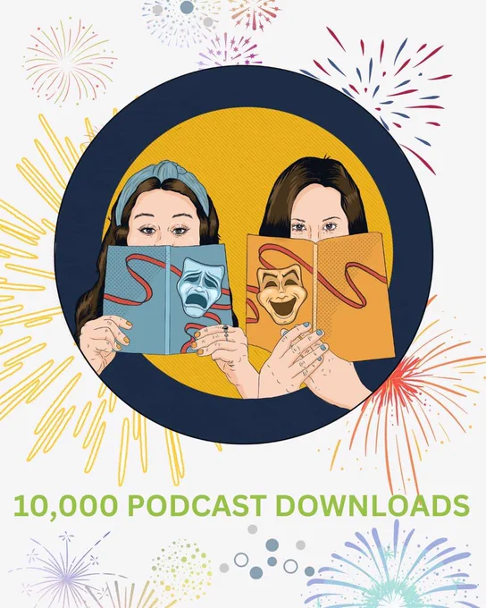 The script in hand logo (illustrations of two brunette women holding scripts in blue and yellow) surrounded by fireworks with ‘10,000 downloads’ written beneath it.