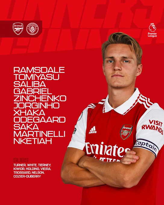 Starting XI: Ramsdale, Tomiyasu, Saliba, Gabriel, Zinchenko, Jorginho, Xhaka, Odegaard, Saka, Martinelli, Nketiah.

Subs: Turner, White, Tierney, Kiwior, Holding, Vieira, Trossard, Nelson, Cozier-Duberry.