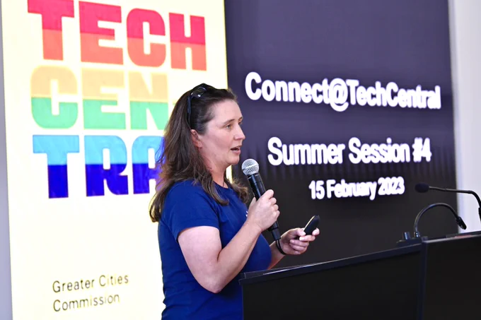 Annie Parker addresses the audience at the Connect at Tech Central event at Cicada Innovations Sydney