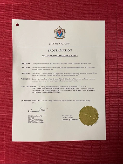 Chamber Week proclamation from the City of Victoria