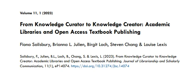 Title page for the journal article "From Knowledge Curator to Knowledge Creator: Academic Libraries and Open Access Textbook Publishing"