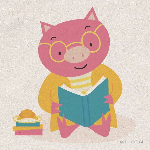 Pig reading, illustrated by M.P. Lim. Please do not use without permission.