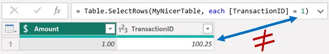 Screenshot showing mismatch between column used in Table.SelectRows filter and query's output