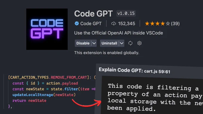 Code GPT. Extensión de Visual Studio Code con 152.345 descargas y 39 votos. Se muestra una demostración de cómo explica el código.