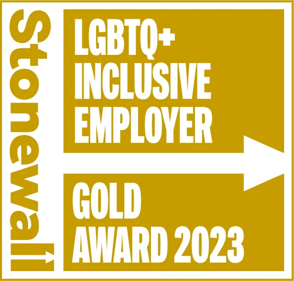 Image reads 'Stonewall - LGBTQ  Inclusive employer - Gold Award 2023