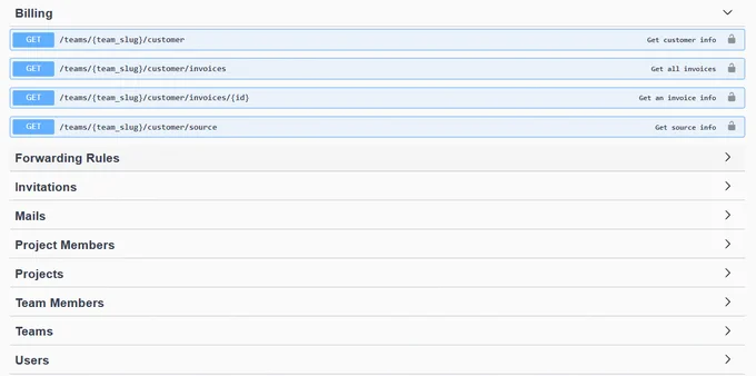 Components of the DebugMail API: billing, forwarding rules, invitations, mails, project members, projects, team members, teams users.