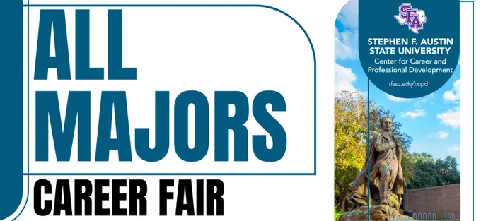 Graphic including a photo of Surfin' Steve and the SFA logo. Text says, "All Majors Career Fair."