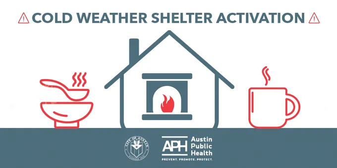A house with a warm fire. A bowl of hot soup. A mug with a hot beverage. The words “Cold Weather Shelter Activation” float above the home.  
