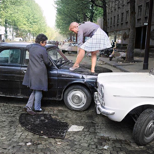 Car accident in Paris. Year 1968, colorized version 