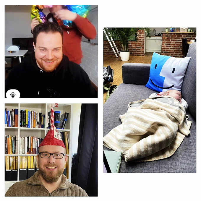Collage, die @eay und @michsch beim Video-Call zeigt, in deren Hintergrund eine 1-Mann-Polonaise mit Luftballon durch‘s Bild zieht, sowie ein im Büro schlafendes Baby.