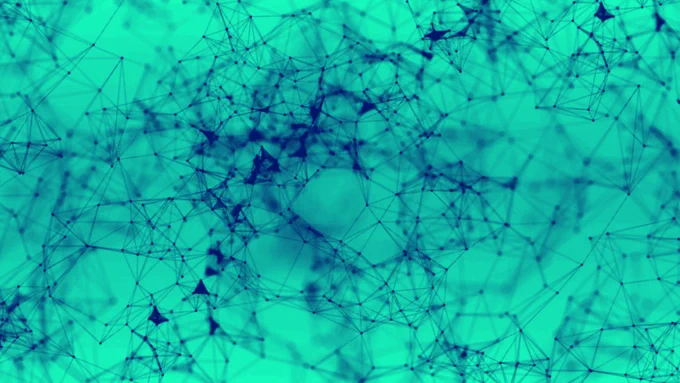 Dark blue, fine threads connected on an aqua green background.