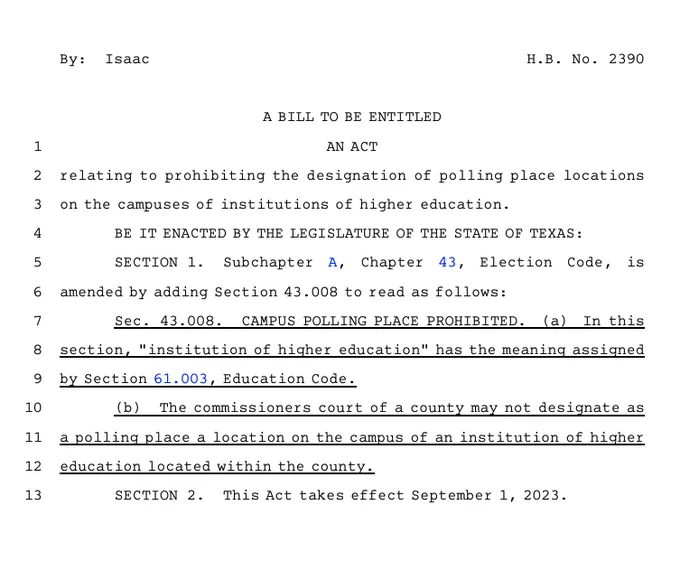Text of the bill prohibiting counties in Texas from designating a polling place a location on the campus of a college or university.