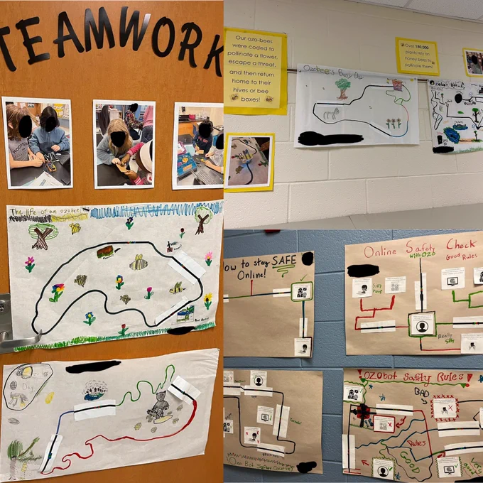 A variety of posters with lines drawn on them as tracks for a robot to follow. Four of the posters show the track surrounded by students’ drawings of things found in a bee’s habitat.  Four other posters have a track that moves a robot between descriptions of good and bad rules for digital safety.