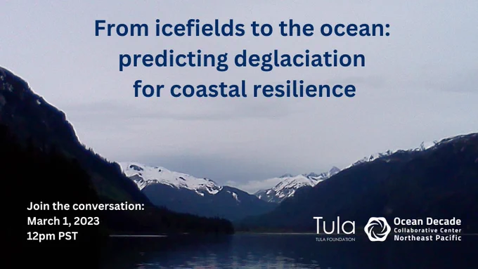 From icefields to the ocean: predicting deglaciation for coastal resilience. Join the conversation: March 1, 2023, 12pm PST
Image is of snow and ice covered mountains in the distance and an inlet with mountains on either side in the foreground. 