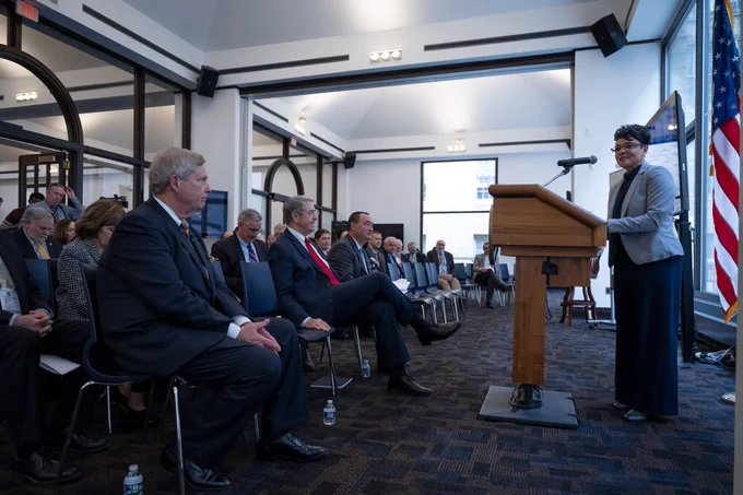 U.S. Secretary of Agriculture Tom Vilsack and Deputy Secretary of Agriculture Dr. Jewel Bronaugh deliver remarks at the National Association of State Departments of Agriculture Leadership's Annual Fly-In at the United States Department of Agriculture in Washington, D.C., on February 15, 2023.