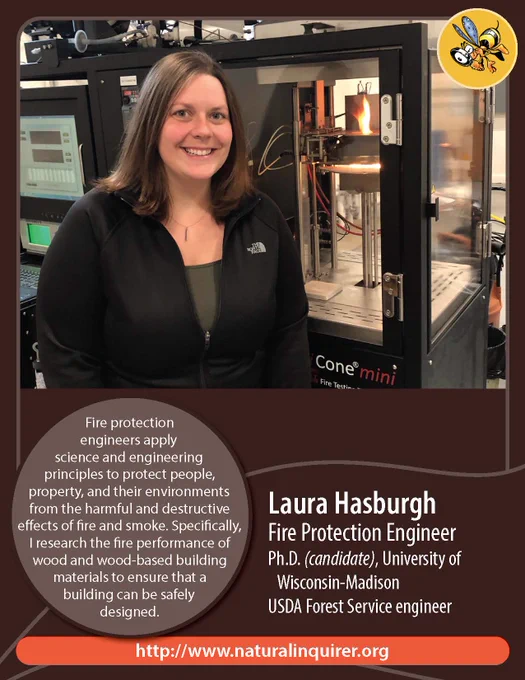 A card featuring information about engineer Laura Hasburgh. In the picture, Hasburgh stands in front of a machine. 