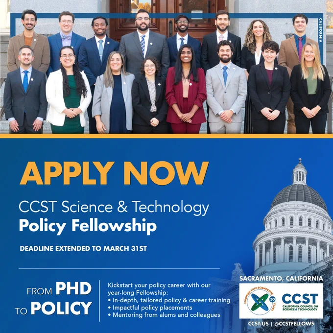 A photo of the 2022 Fellows with a blue banner below highlighting that applications are now open with CCST's logo and the California State Capitol.