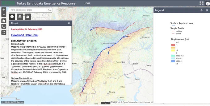 screenshot of web viewer showing surface rupture of the Turkey earthquakes
