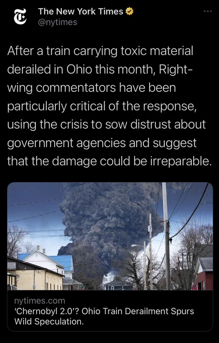 Nyt tweet After a train carrying toxic material derailed in Ohio this month, Right-wing commentators have been particularly critical of the response, using the crisis to sow distrust about government agencies and suggest that the damage could be irreparable