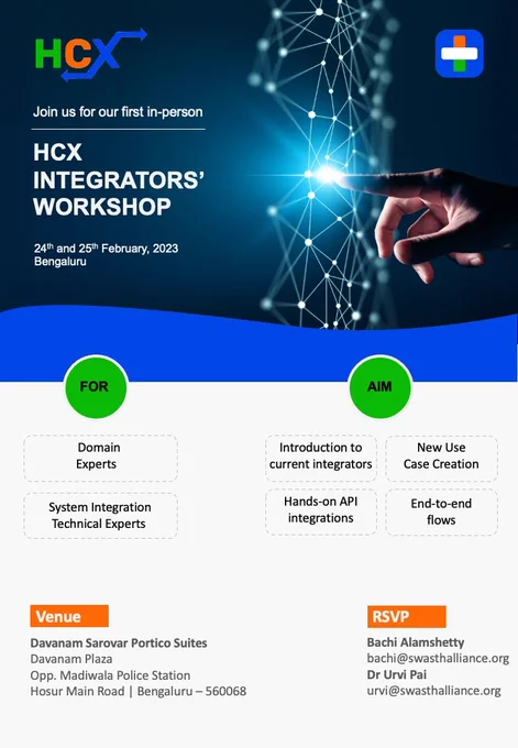 With the aim of expediting integrations, creating new use cases, and mapping out future workflow, the workshop is open to domain experts and system integration experts. 

For queries, contact Bachi Alamshetty (bachi@swasthalliance.org)  or Dr Urvi Pai (urvi@swasthalliance.org)
