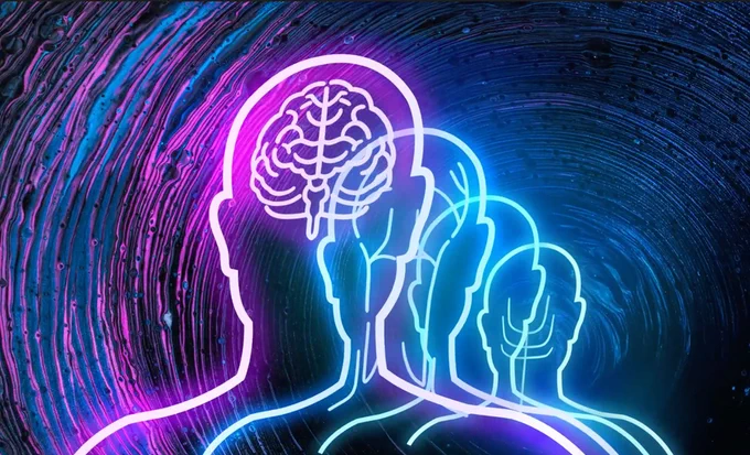 Four outline images of people fading into one another against a blue swirled background.