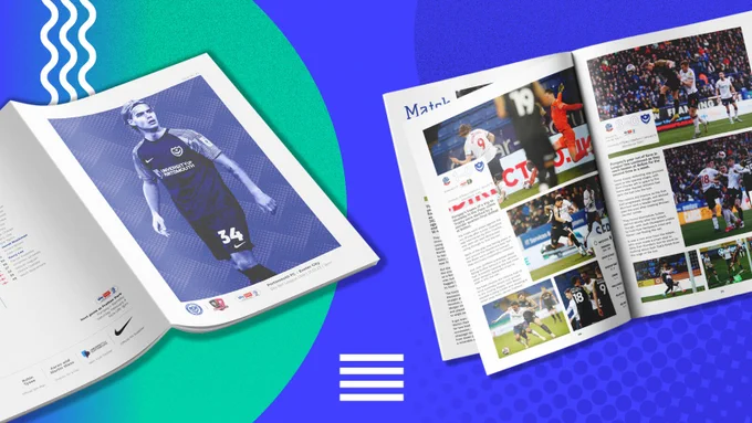 Pompey FC's matchday programmes, designed for 13 years by the sports media team at The Graphic Design House.