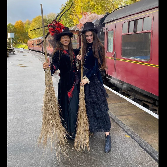 Photo of girls dressed as witches with brooms. Meet our two witches Marakel and Mistletyne on Weds 22 Feb. Take your wands and practice your best spells. Can you turn your parents invisible? Or make them speak French? Anything is possible if you apply your mind.