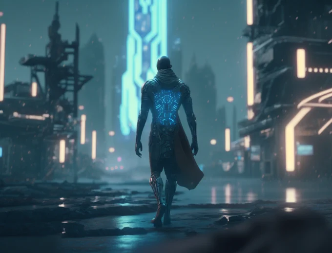 scene of a futuristic story about an AI a developer, without texts, it is a concept 8K, 4K, ultra detailed, intricate details, unreal, octane render, cinematic lighting --chaos 75 --ar 4:3