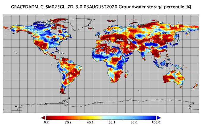 One of the 26 datasets released by the NASA GES DISC in 2022 was the Gravity Recovery And Climate Experiment (GRACE) Data Assimilation for Drought Monitoring (GRACE-DA-DM) dataset. The image shows global values of one of the data variables in the dataset, Groundwater Storage Percentile, on August 3, 2020.