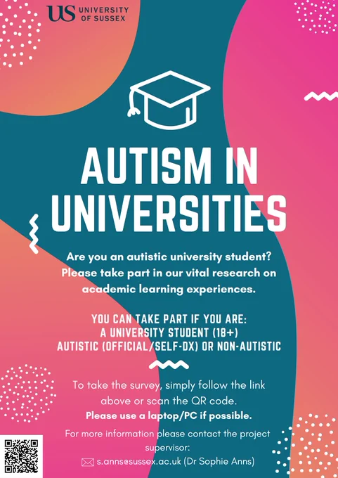 A poster advertising a research study on the academic learning experiences of autistic university students. Seeking autistic and non-autistic students to take a survey. To take part, please follow the link in the Tweet. For more information, email the project supervisor at s.anns@sussex.ac.uk