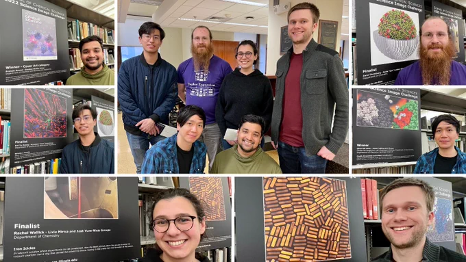 Compilation image of the winners standing next to their scientific image.