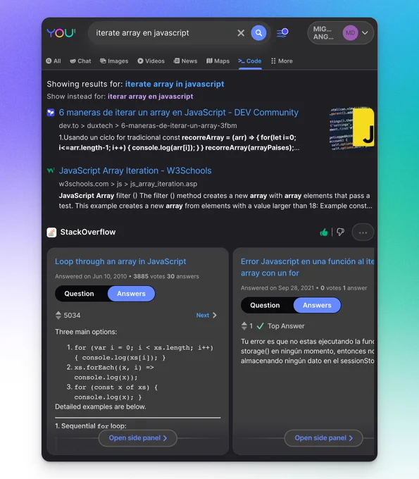 Captura de pantalla de los resultados de You.com