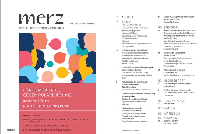 Titelblatt und Inhaltsverzeichnis der Zeitschrift merz. Das Bild zeigt sprechende Köpfe und Sprechblasen in bunten Farben.